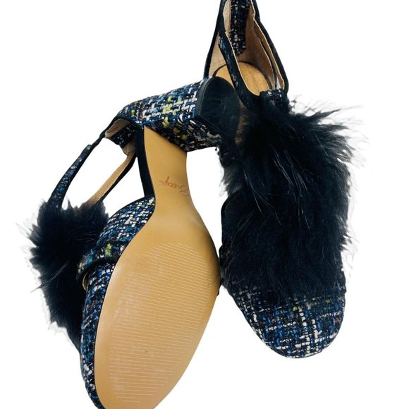 Anthropologie Bettye Muller women 9 Blue T strap Tweed Block Heel Pumps - Picture 4 of 9